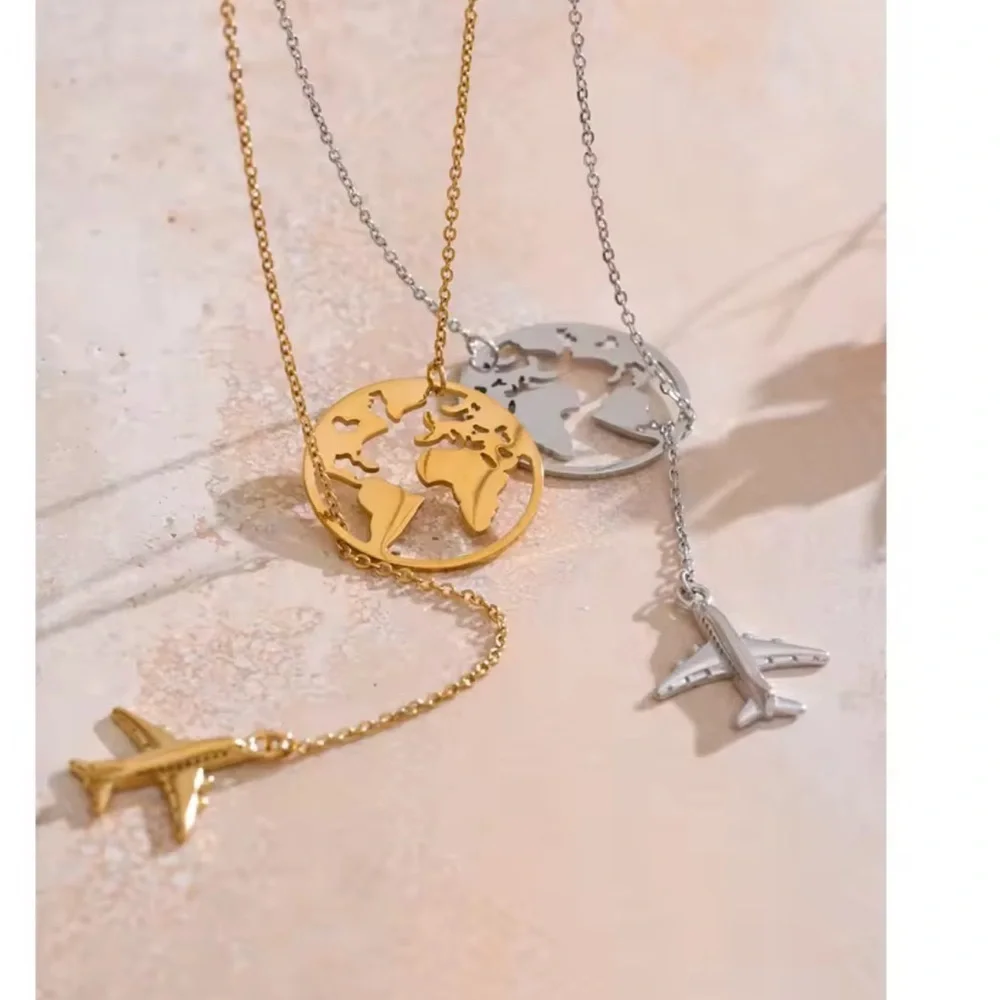Traveller Airplane Gold World Map Necklace
